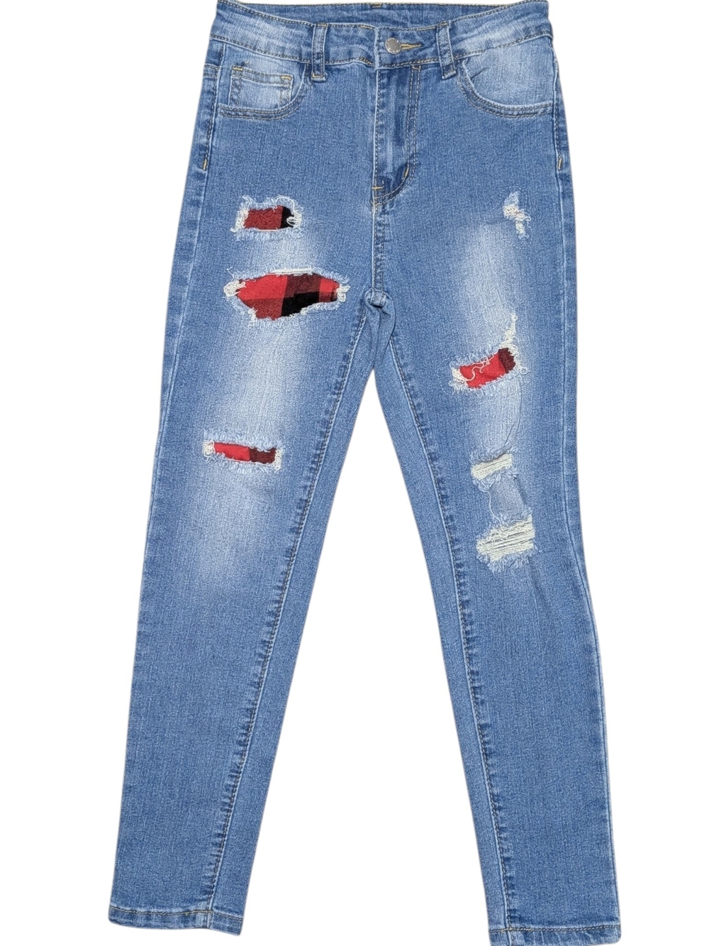 SHEIN Kids Distressed Skinny Jeans Red Buffalo Plaid Patch Youth Size 8